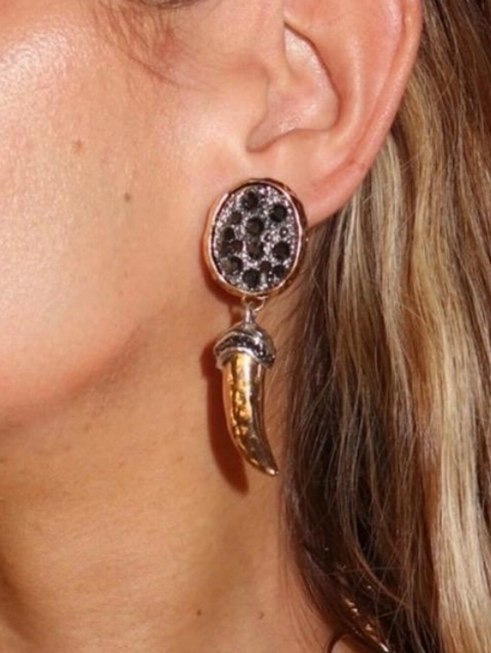 Black and Gold Druzy Disc with Horn Drop Earrings - Picture 1 of 3